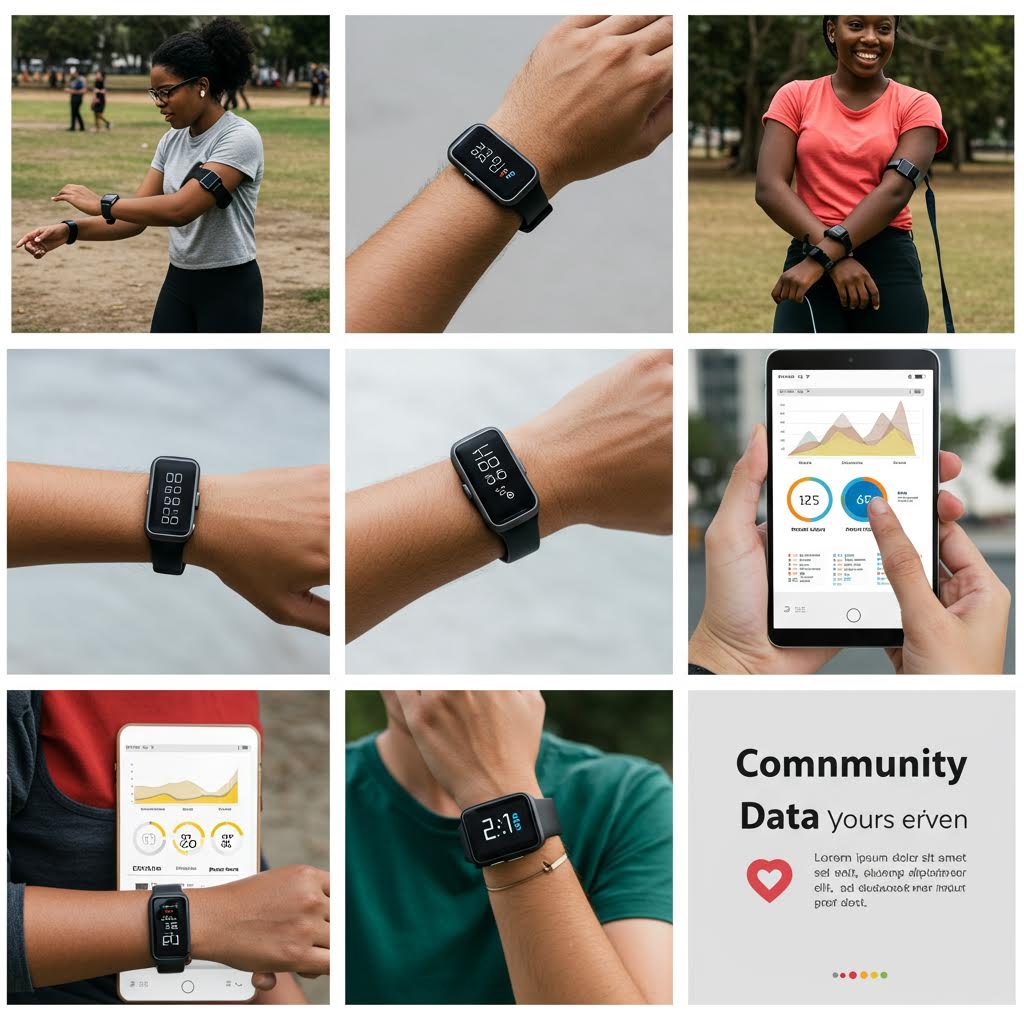 야외와 실내에서 스마트밴드를 착용한 사람들이 화면 지표를 확인하며 활동 데이터를 비교하는 흐름