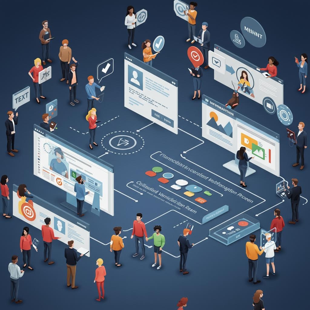 여러 인물이 다양한 인터페이스 화면 사이를 이동하며 정보와 절차를 시각적으로 확인하는 연결 구조의 장면