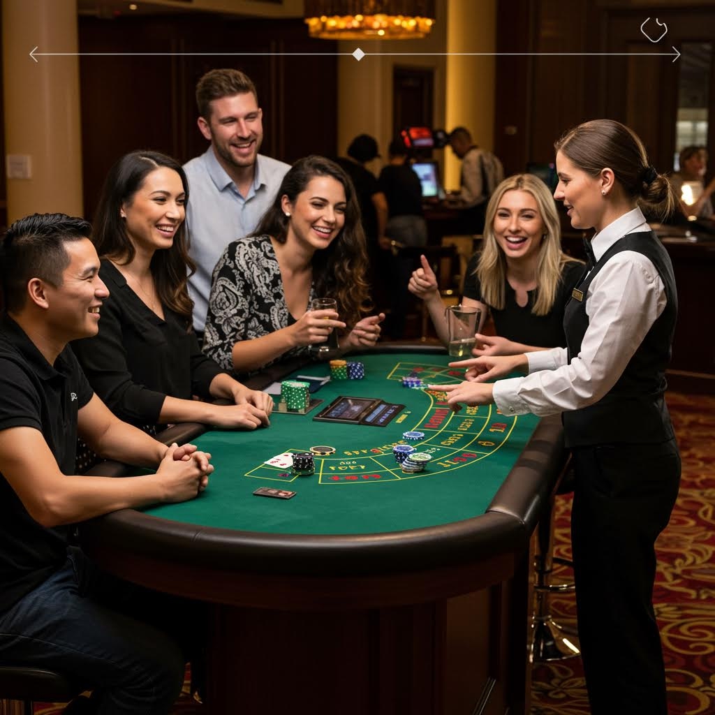 카지노 내부에서 딜러(여성)가 테이블을 사이에 두고 여러 명의 남녀 플레이어들과 즐겁게 소통하고 있는 사진. 플레이어들과 딜러 모두 웃고 있으며, 테이블 위에는 칩과 카드가 놓여 있어, 실시간 게임에서 딜러가 분위기 조성과 게임 진행의 신뢰도를 유지하는 핵심 역할을 수행함을 보여줍니다.