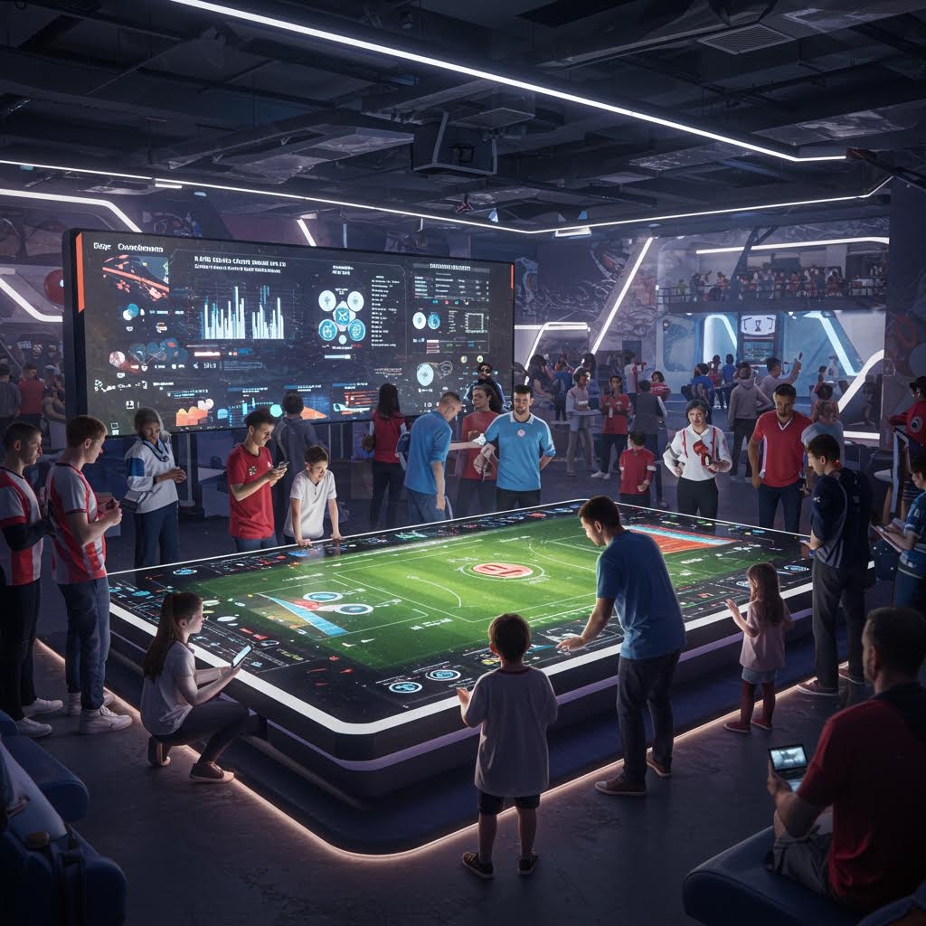 대형 전술 테이블을 둘러싼 사람들이 경기 화면을 조작하며 분석하는 생동감 있는 공간의 흐름