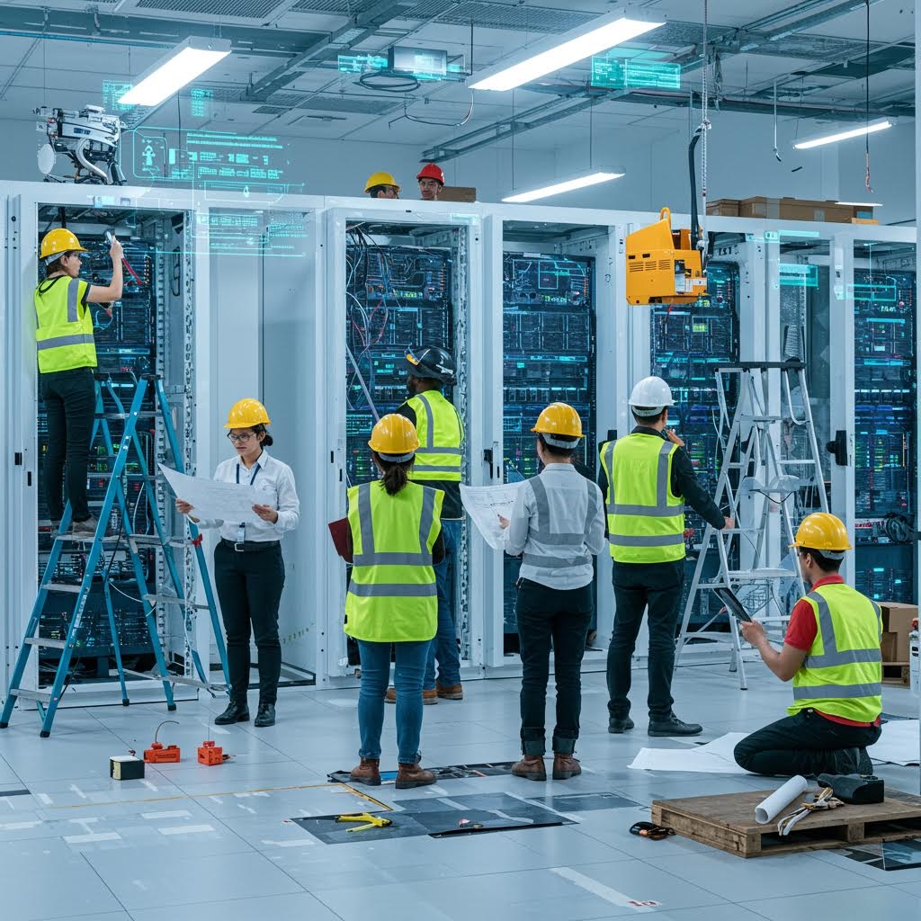 서버실에서 안전장비를 착용한 인력들이 장비를 점검하고 배선을 확인하는 작업 과정의 모습