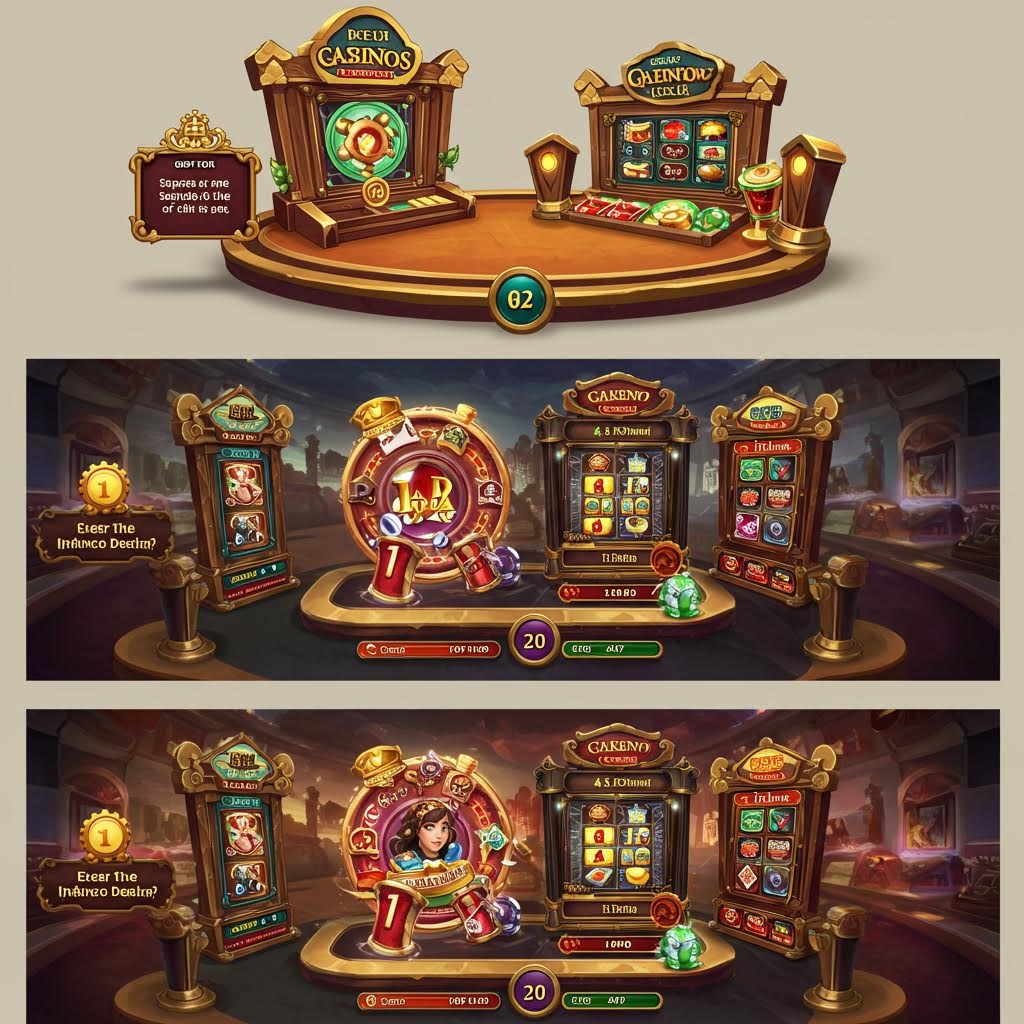 여러 개의 분할된 화면으로 구성된 복잡한 온라인 슬롯머신 게임 인터페이스 일러스트레이션. 고전적인 아케이드 형태의 게임 디스플레이와 함께, 하단에는 화려한 캐릭터 아트, 릴(Reel), 베팅 버튼, 그리고 숫자와 기호가 가득한 복잡한 게임 화면이 디테일하게 묘사되어, 온라인 슬롯 게임의 디자인과 작동 방식을 보여줍니다.