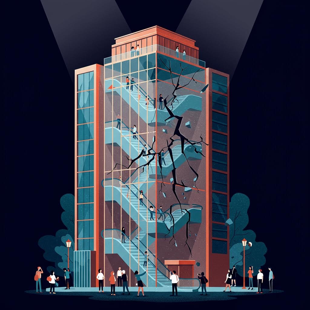 어두운 배경에 유리와 철골 구조로 된 고층 건물의 일러스트레이션. 건물 중앙에 큰 균열이 세로로 나 있어 구조적 붕괴 위험을 상징하며, 건물 아래에는 사람들이 모여 위를 올려다보고 있습니다. 이는 취약한 구조나 시스템의 잠재적 위험 및 붕괴 가능성을 시각적으로 보여줍니다.