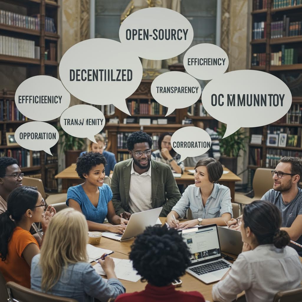 도서관이나 회의실에서 다양한 인종의 젊은 성인들이 노트북을 켜고 테이블에 둘러앉아 토론하는 사진. 그들 위로는 'OPEN-SOURCY', 'DECENTIILZED', 'TRANSPARENCY' 등 개방형 협업, 분산화, 투명성, 효율성과 관련된 키워드가 말풍선 형태로 떠 있어, 새로운 기술과 커뮤니티 가치에 대한 논의를 시각적으로 보여줍니다.