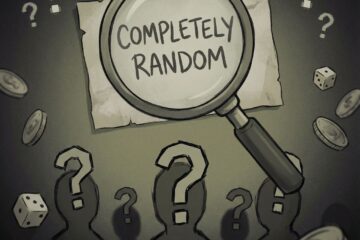 돋보기 아래 완전히 랜덤 문구, 흐린 그림자와 주사위·동전, 탁한 색의 물음표가 흩어진 모습이다