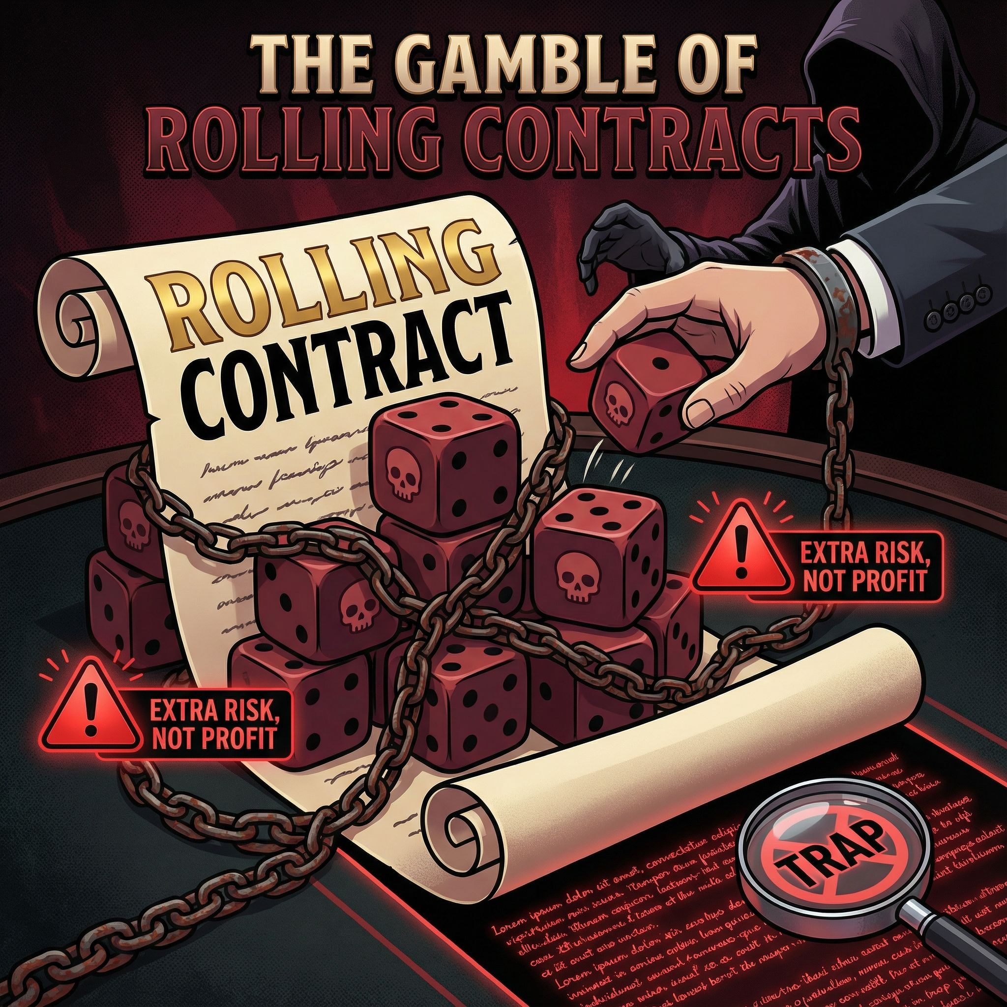 붉은 경고 아이콘과 주사위·사슬, 어두운 약관 아래 손이 도박 강요되는 모습이다