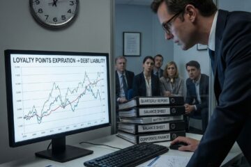 사무실에서 분석가가 파란 차트와 재무서류, 시계, 걱정한 고객들 앞에 선 모습이다