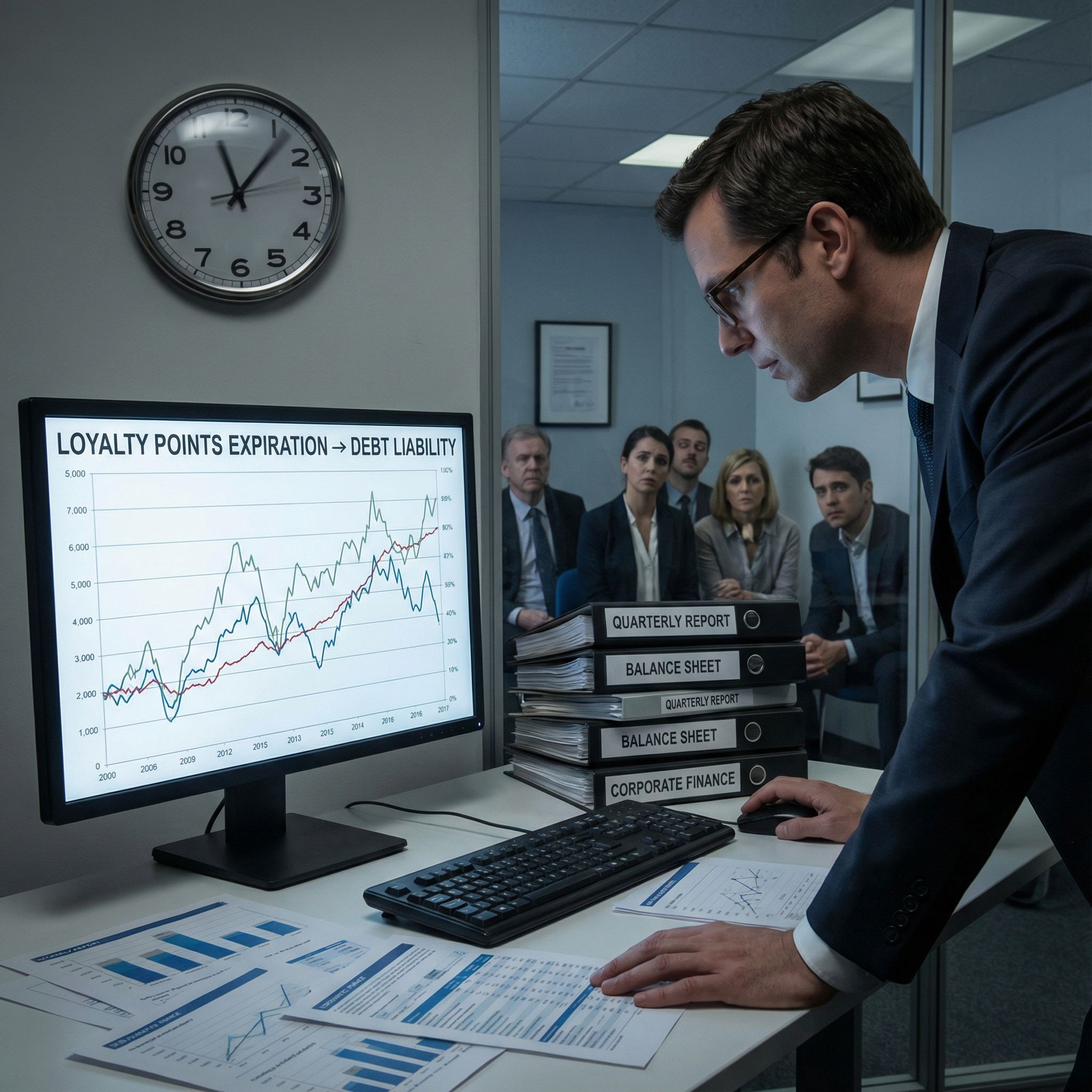 사무실에서 분석가가 파란 차트와 재무서류, 시계, 걱정한 고객들 앞에 선 모습이다