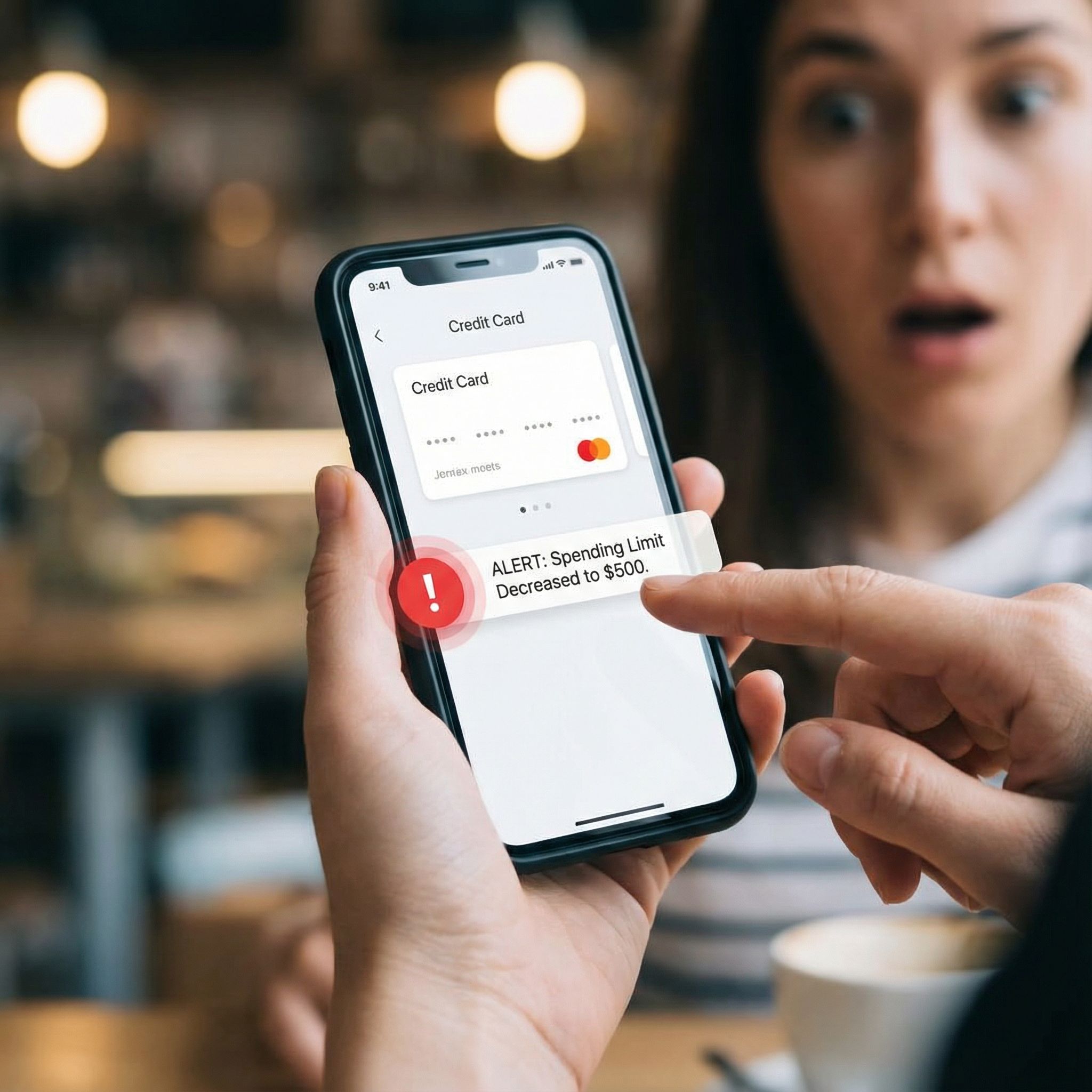 손이 스마트폰의 카드앱 화면을 확대해 보며, 지출한도 하락과 빨간 경고 아이콘에 놀란 모습이다