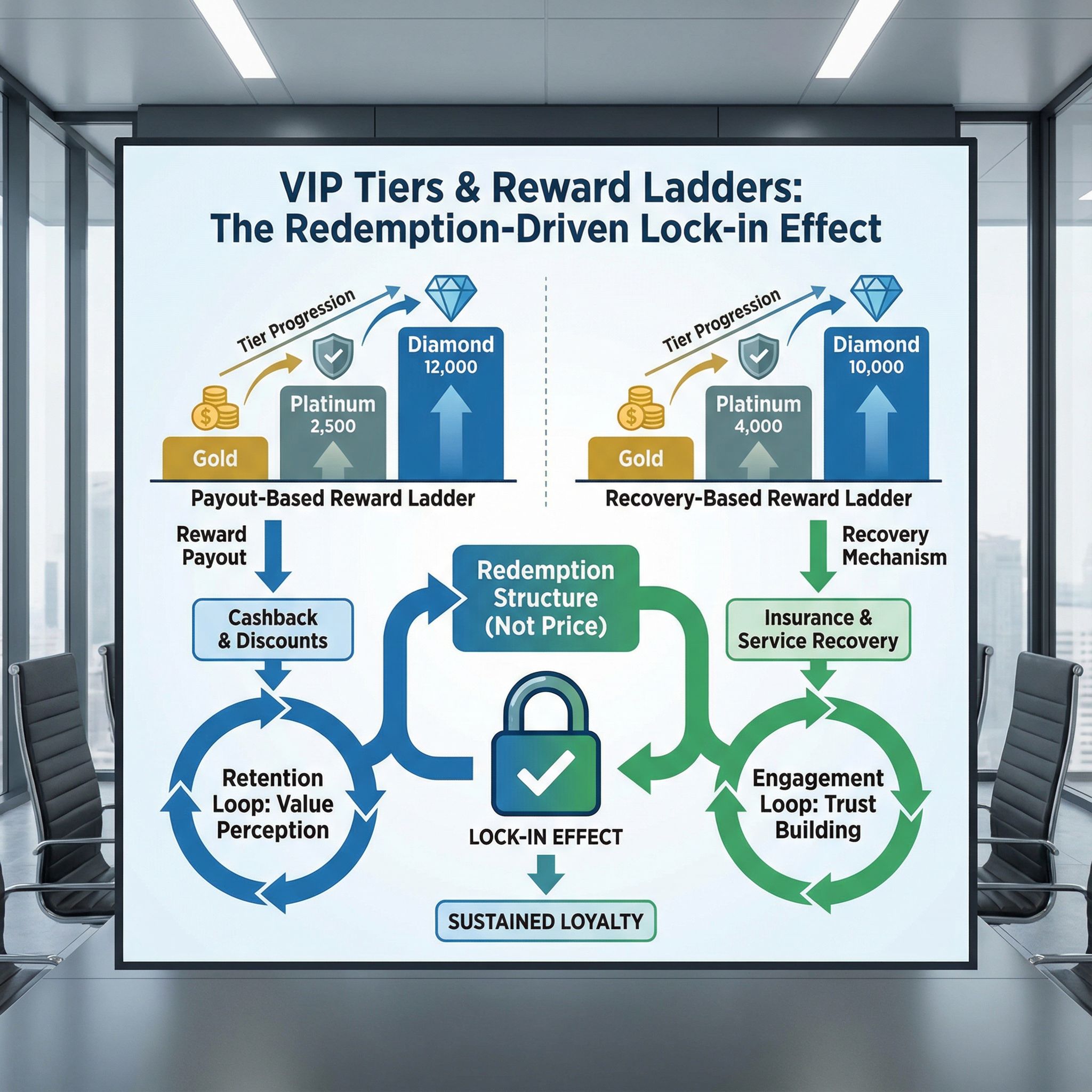 파란 배경 인포그래픽에 VIP 등급 사다리와 화살표, 회수·지급 흐름도와 유지 루프가 배치된 모습이다