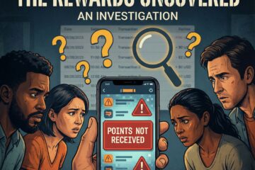 어두운 배경에 포인트 미수령 앱 화면, 의심 얼굴들, 경고 아이콘과 돋보기로 거래내역을 살피는 모습이다