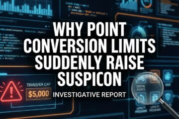 어두운 핀테크 화면에 경고 아이콘, 전환한도 강조와 돋보기로 포인트를 조사하는 모습이다