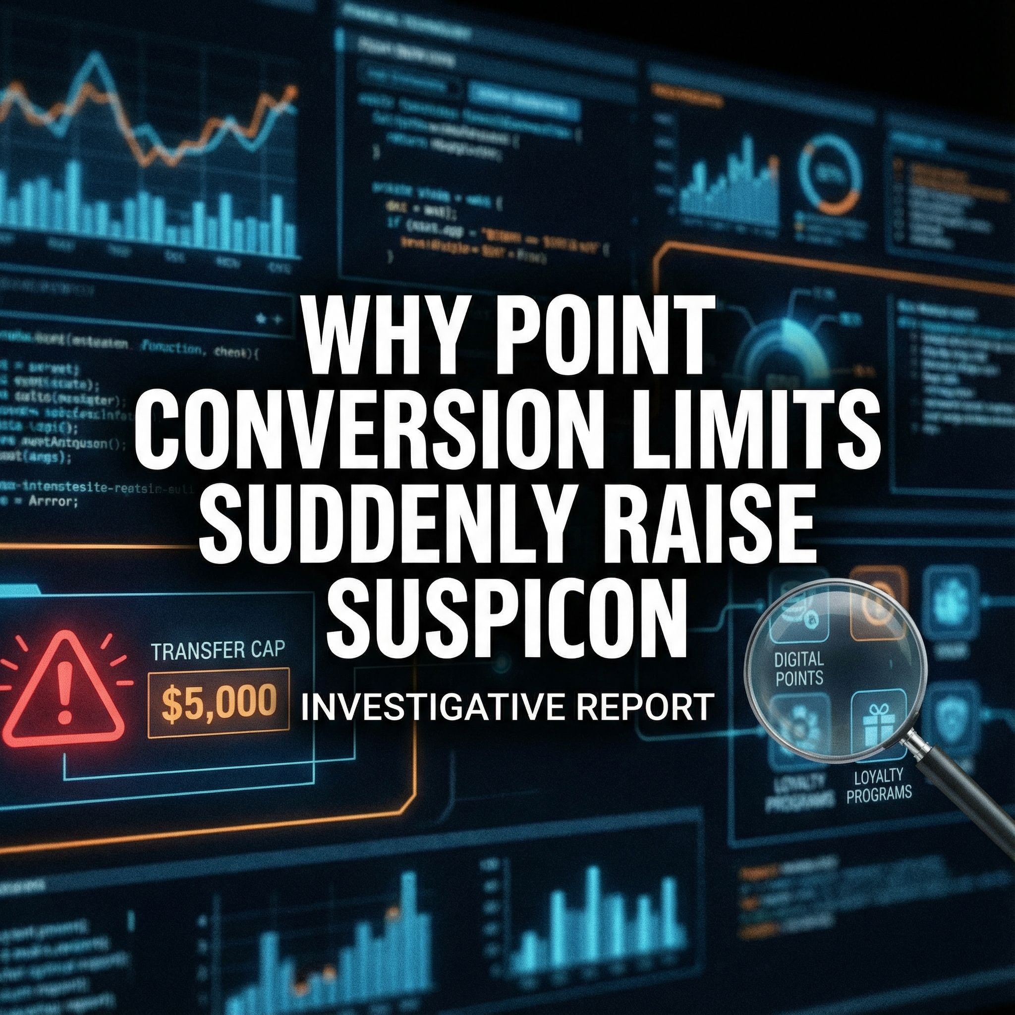 어두운 핀테크 화면에 경고 아이콘, 전환한도 강조와 돋보기로 포인트를 조사하는 모습이다
