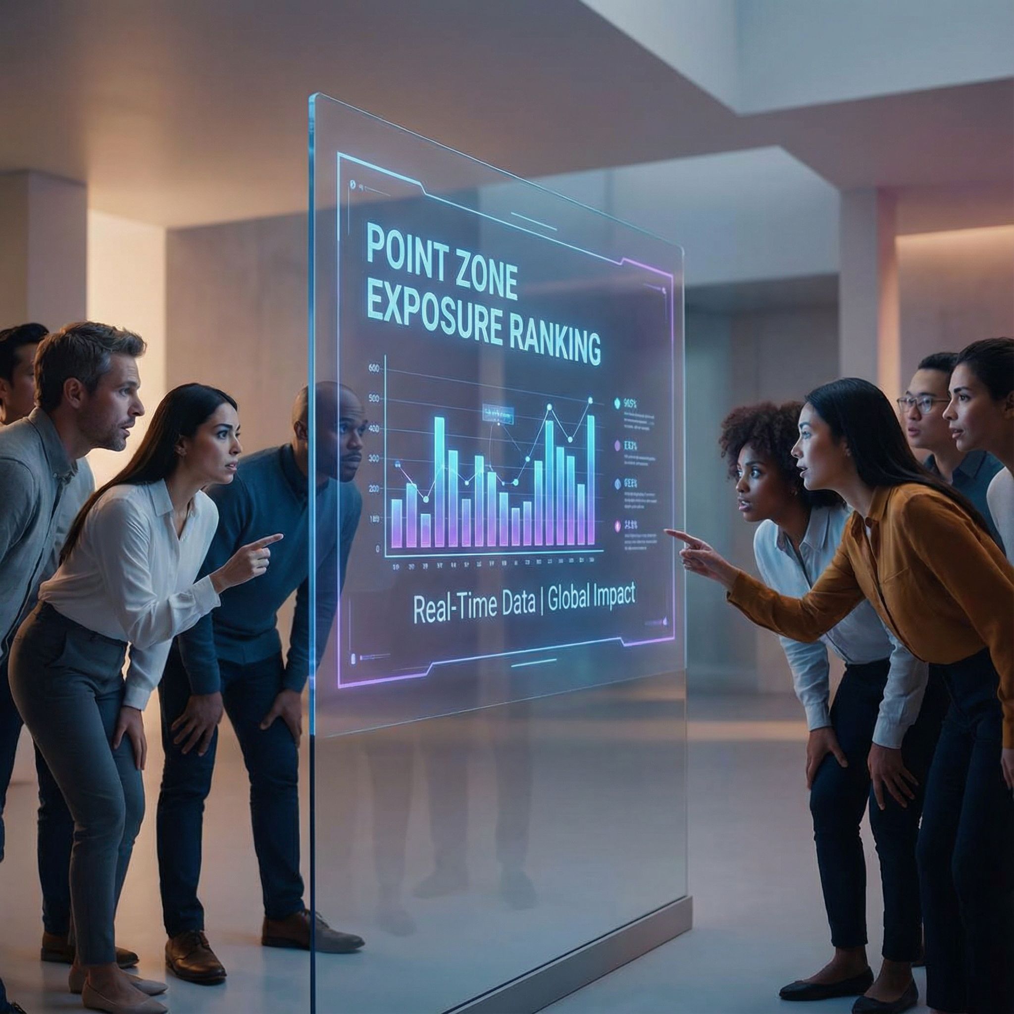 깔끔한 배경에 다양한 인물이 포인트존 노출순위 화면을 급히 바라본다 모습이다
