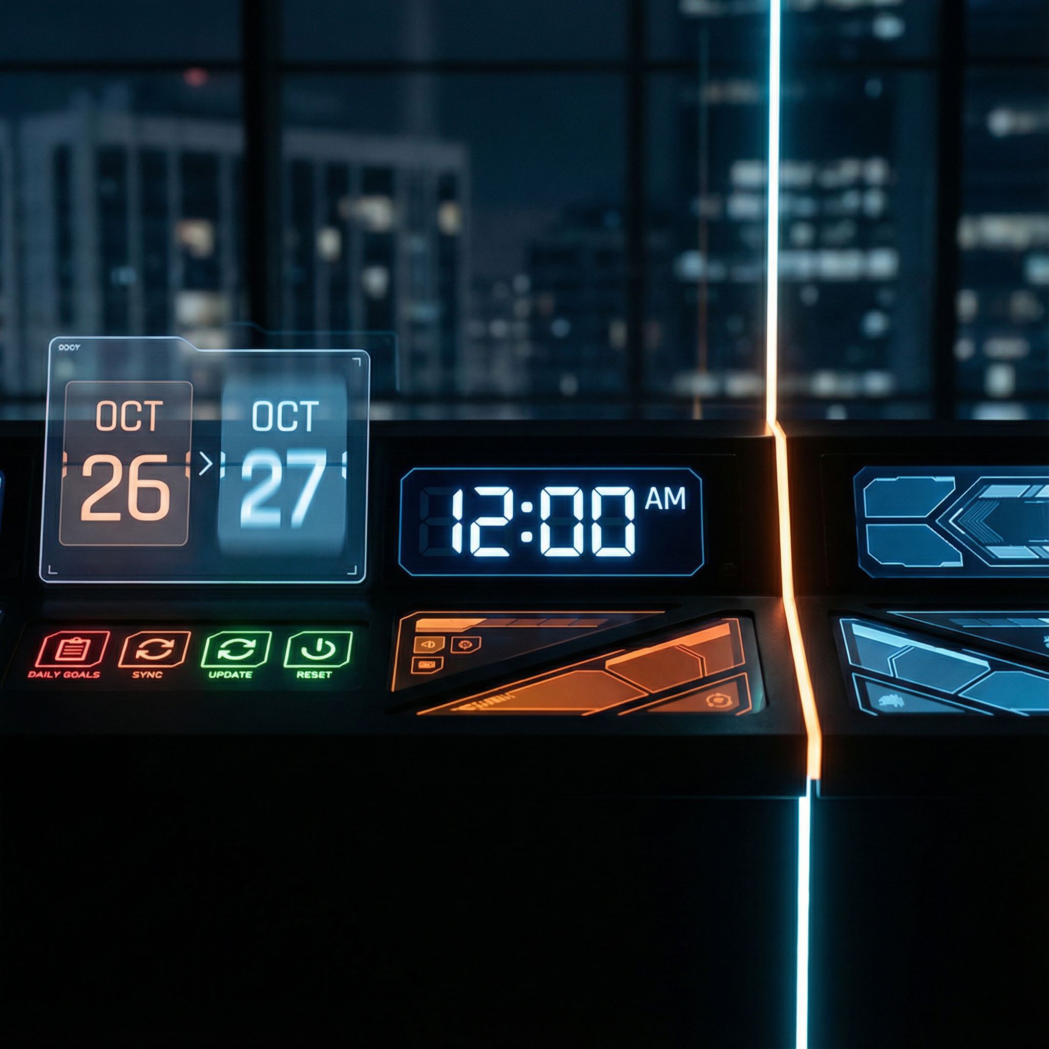 0시를 가리키는 디지털 시계와 넘어가는 달력, UI 패널 색이 동시에 바뀌는 장면이다