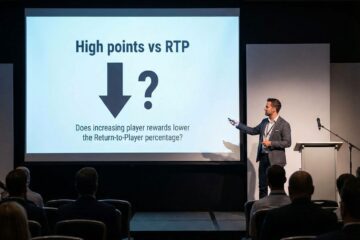 프레젠터가 파란 화면의 High points vs RTP 문구와 하향 화살표를 가리키는 모습이다