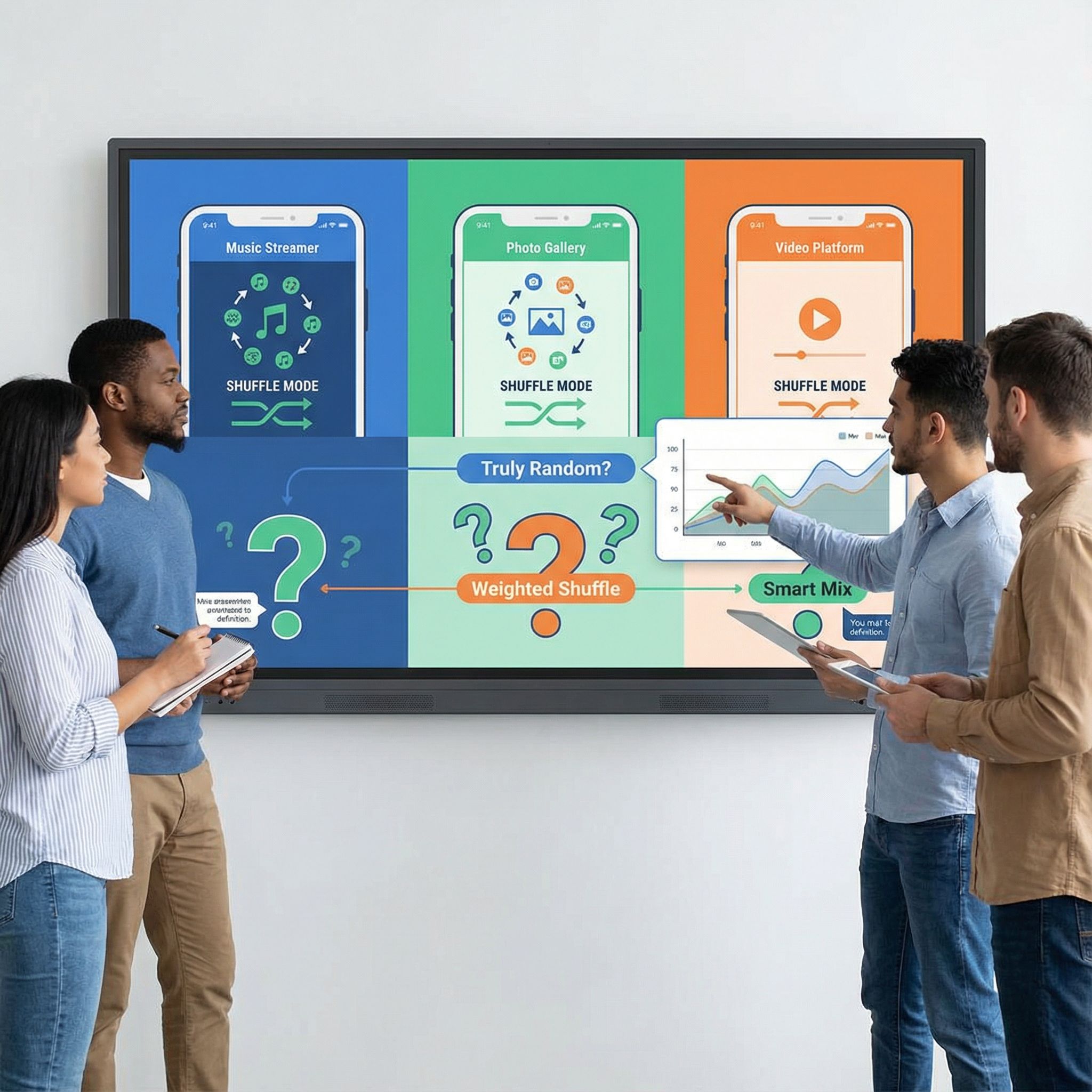 파란 톤 인포그래픽, 큰 화면에 앱 셔플 패턴들, 사람들이 비교표시와 물음표를 보며 분석한 모습이다