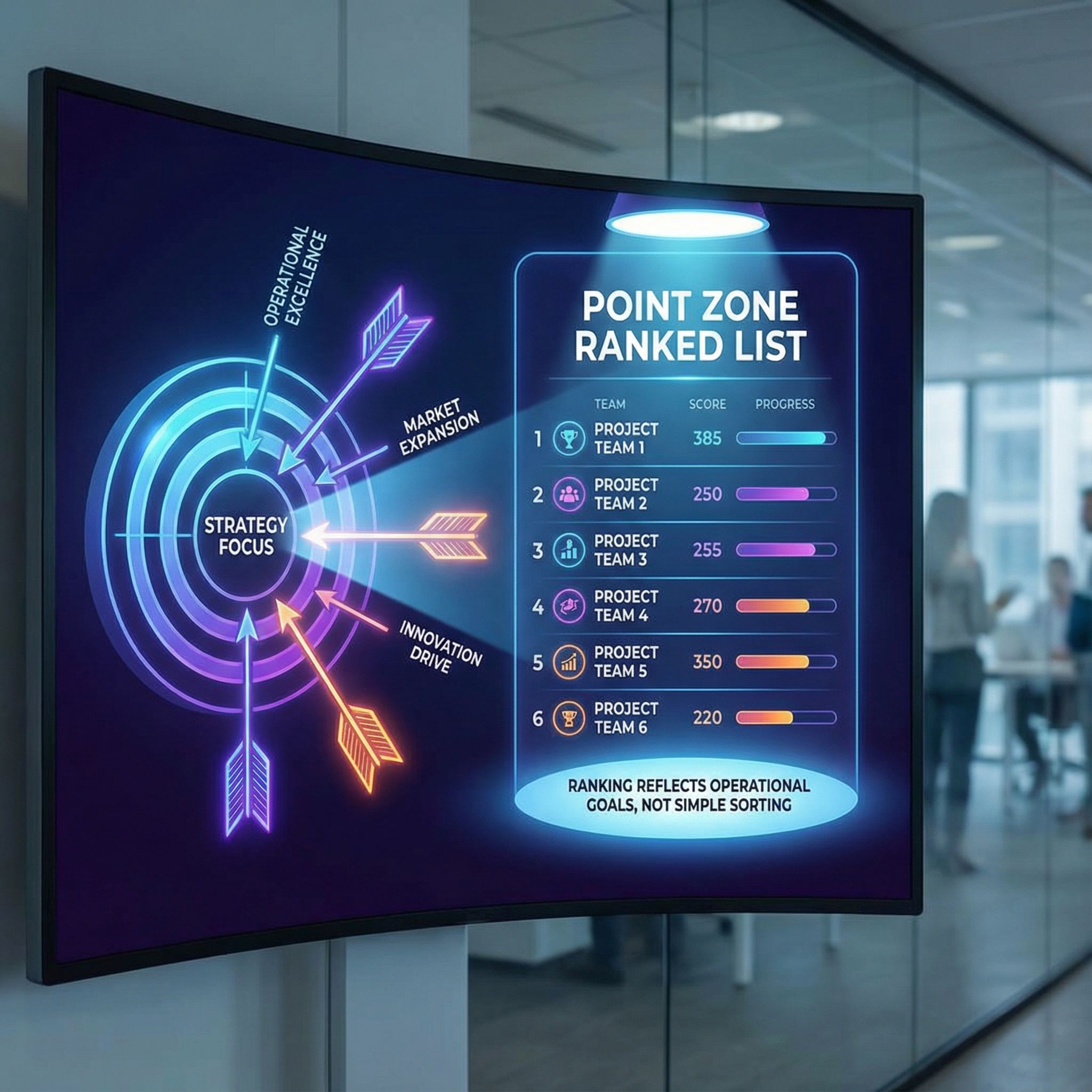 파란 톤 기업 대시보드에 과녁과 화살표로 포인트존 순위가 강조된 모습이다