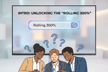 밝은 흰 배경에 검색창 ‘Rolling 300%’와 노트북 주변 호기심 인물들, 물음표가 떠 있는