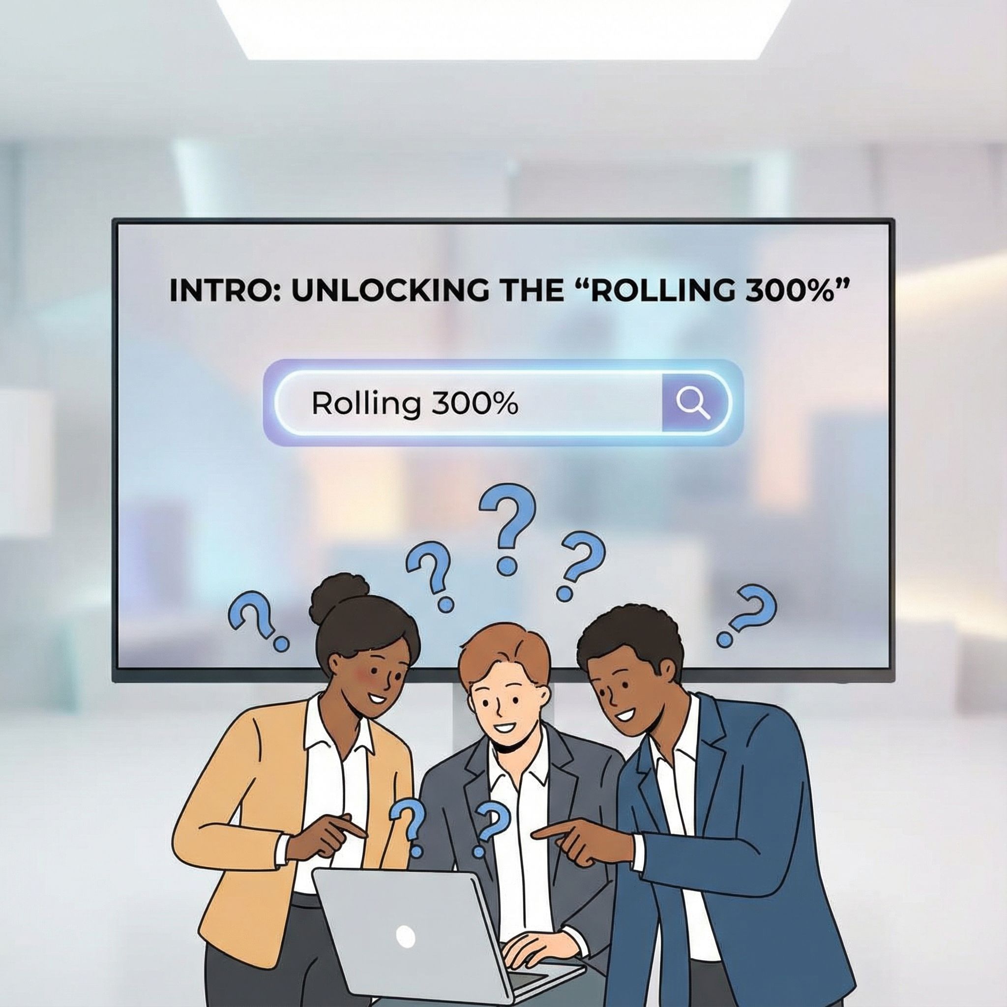 밝은 흰 배경에 검색창 ‘Rolling 300%’와 노트북 주변 호기심 인물들, 물음표가 떠 있는