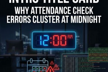 어두운 밤 사무실 배경에 12:00 AM 시계, 달력 체크와 경고, 서버로그를 담은 인포그래픽 모습이다