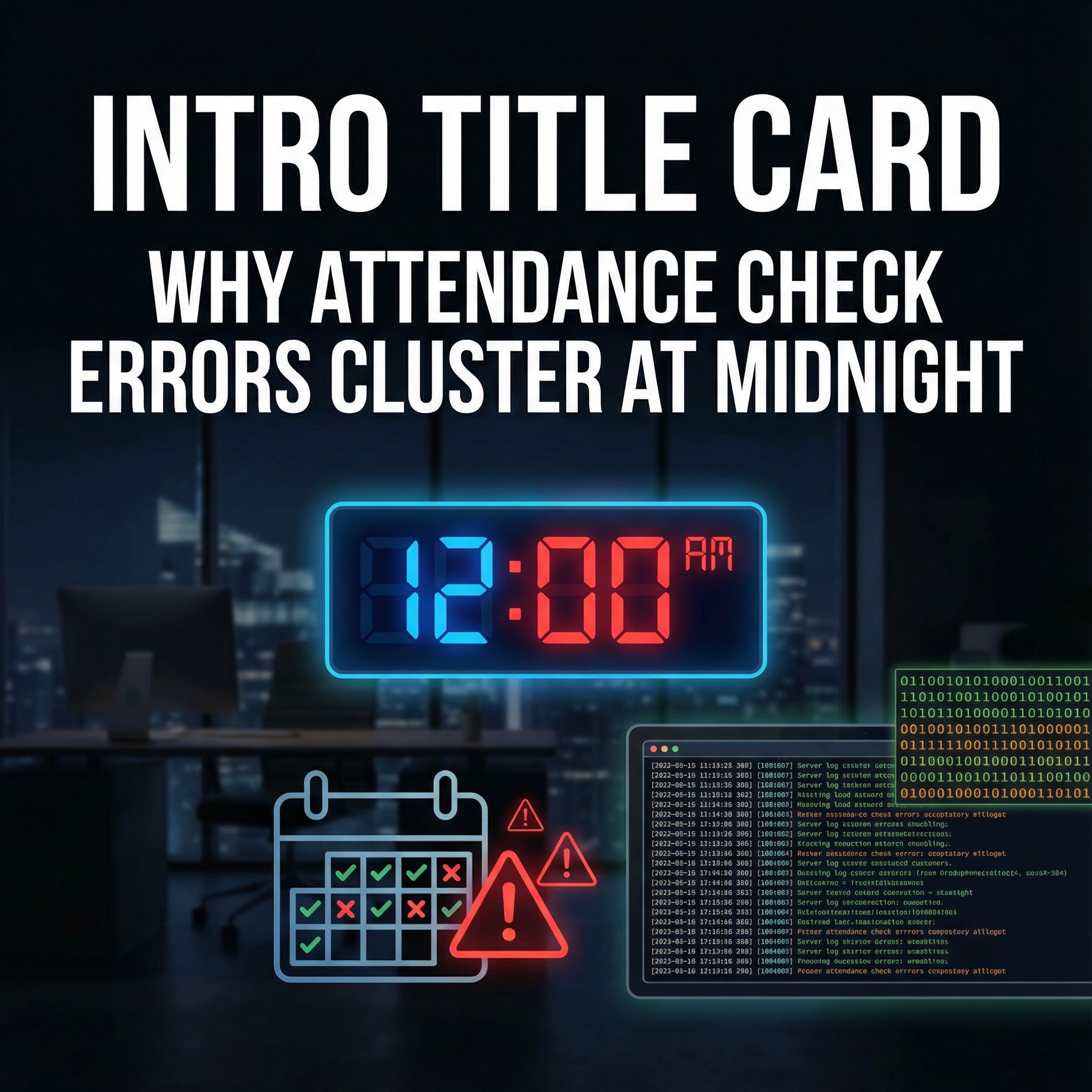 어두운 밤 사무실 배경에 12:00 AM 시계, 달력 체크와 경고, 서버로그를 담은 인포그래픽 모습이다