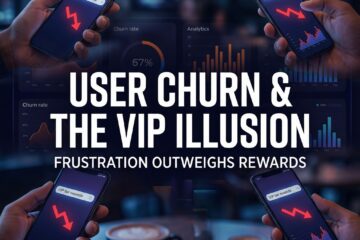 어두운 앱 화면과 차트 앞, 휴대폰으로 VIP 보상을 검색하며 지친 표정의 사용자들 모습이다