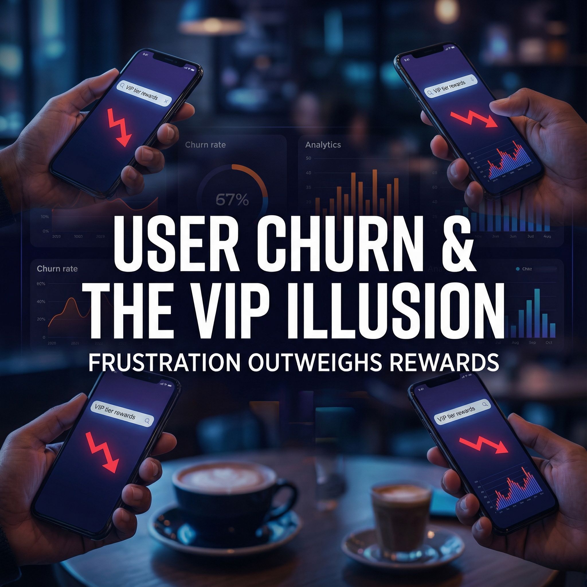 어두운 앱 화면과 차트 앞, 휴대폰으로 VIP 보상을 검색하며 지친 표정의 사용자들 모습이다