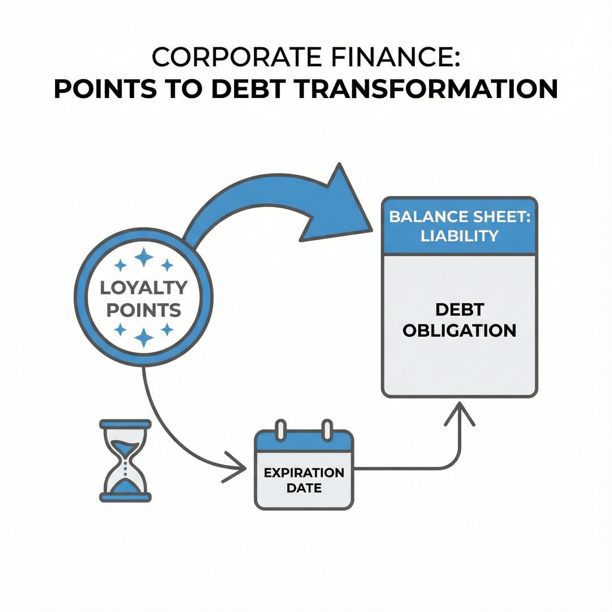 흰 배경에 로열티 포인트가 부채로 바뀌어 재무제표로 향하는 화살표와 만료 모래시계가 있는 벡터 인포그래픽