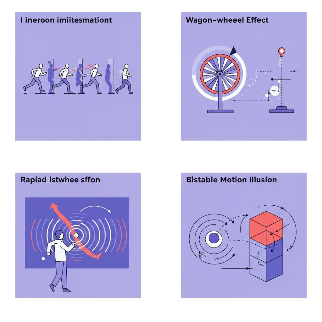사람의 움직임 추적, 바퀴 회전 착시, 양방향 진동 인식 오류 등 다양한 시각적 착각 사례를 단순한 일러스트로 표현해 뇌가 움직임을 해석하는 과정의 한계를 보여주는 구성