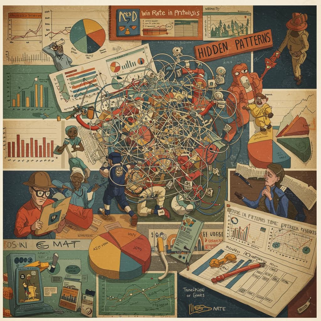 수많은 그래프와 도표, 인물들이 뒤섞여 복잡한 연결선이 중심을 이루며 통계 속 숨은 흐름을 풍부하게 시각화한 분석적 구성