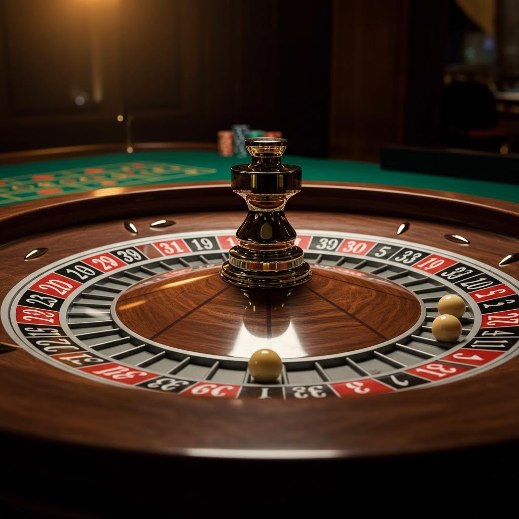 빛이 반사된 나무 결의 휠 위에서 공이 굴러가며 숫자 구역을 스치듯 지나가는 순간을 또렷하게 담은 룰렛 테이블의 장면