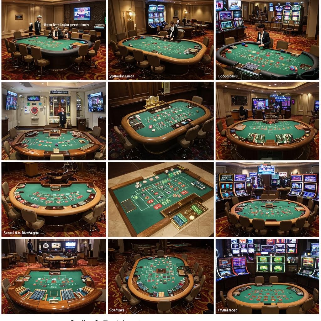 여러 형태의 테이블과 장비가 조용한 실내에 나란히 배치되어 각각 다른 게임 구성이 어떻게 공간을 채우는지 한눈에 드러나는 모습