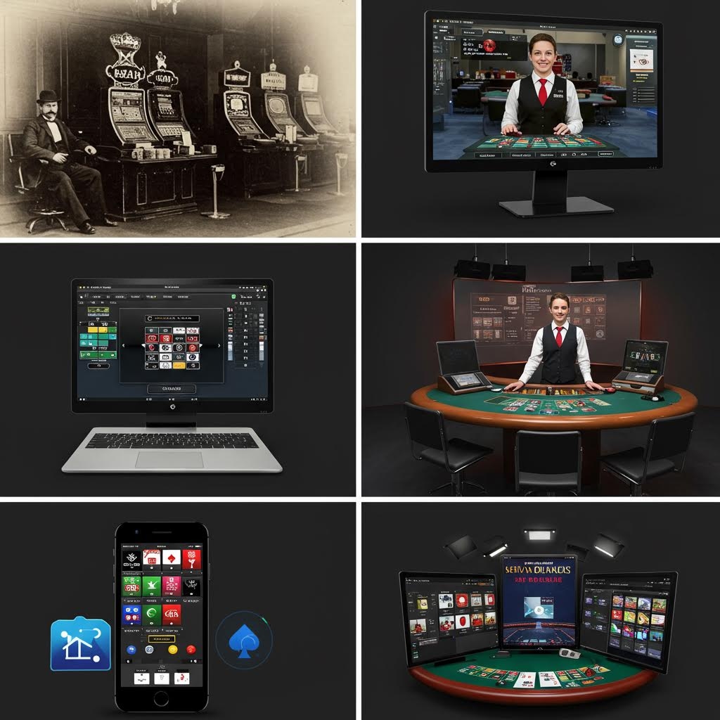 여섯 장면이 한 화면에 배열되어 초기 기계식 슬롯부터 화면 속 딜러, 온라인 인터페이스, 모바일 환경, 멀티 화면 시스템까지 실시간 카지노 기술이 발전해 온 흐름을 단계적으로 보여주는 구성