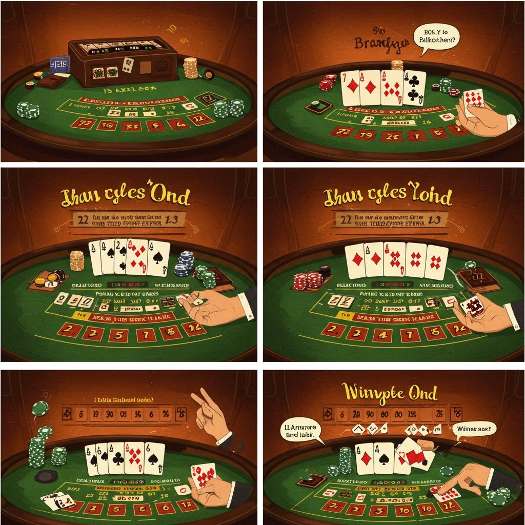 여섯 장의 카드 테이블 장면이 이어지며 패를 펼치는 손짓과 칩의 움직임이 게임 흐름의 변화와 상황 전환을 단계적으로 보여주는 구성 모습