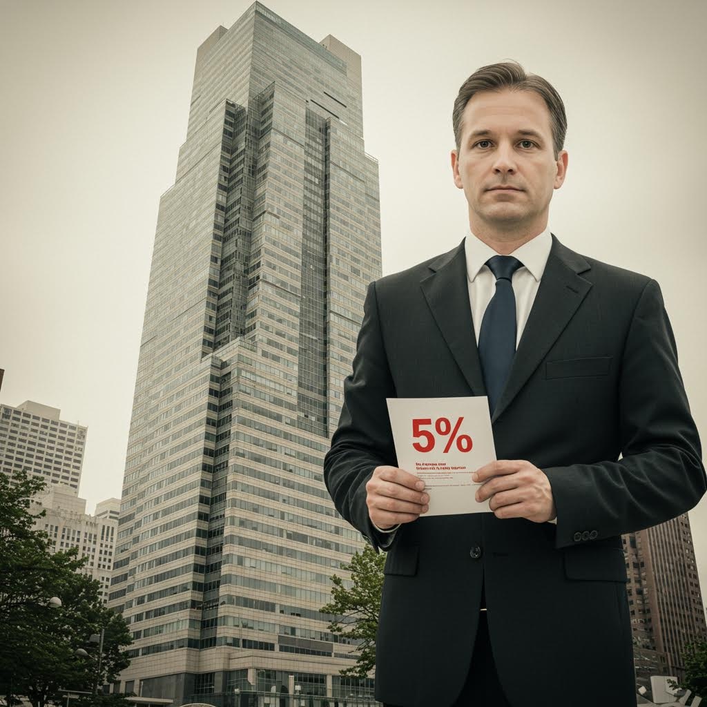 도심의 고층 건물을 배경으로 정장을 입은 인물이 숫자가 적힌 카드를 들고 서 있으며 도시 환경 속에서 메시지를 강조하는 듯한 장면