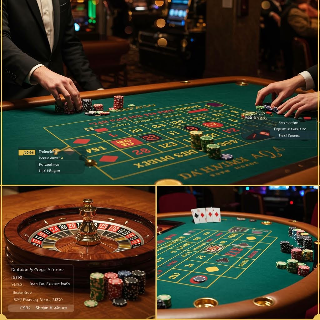 손이 칩을 옮기고 룰렛과 카드가 놓인 테이블들이 이어지며 다양한 진행 상황과 장면 전환이 자연스럽게 펼쳐지는 순간