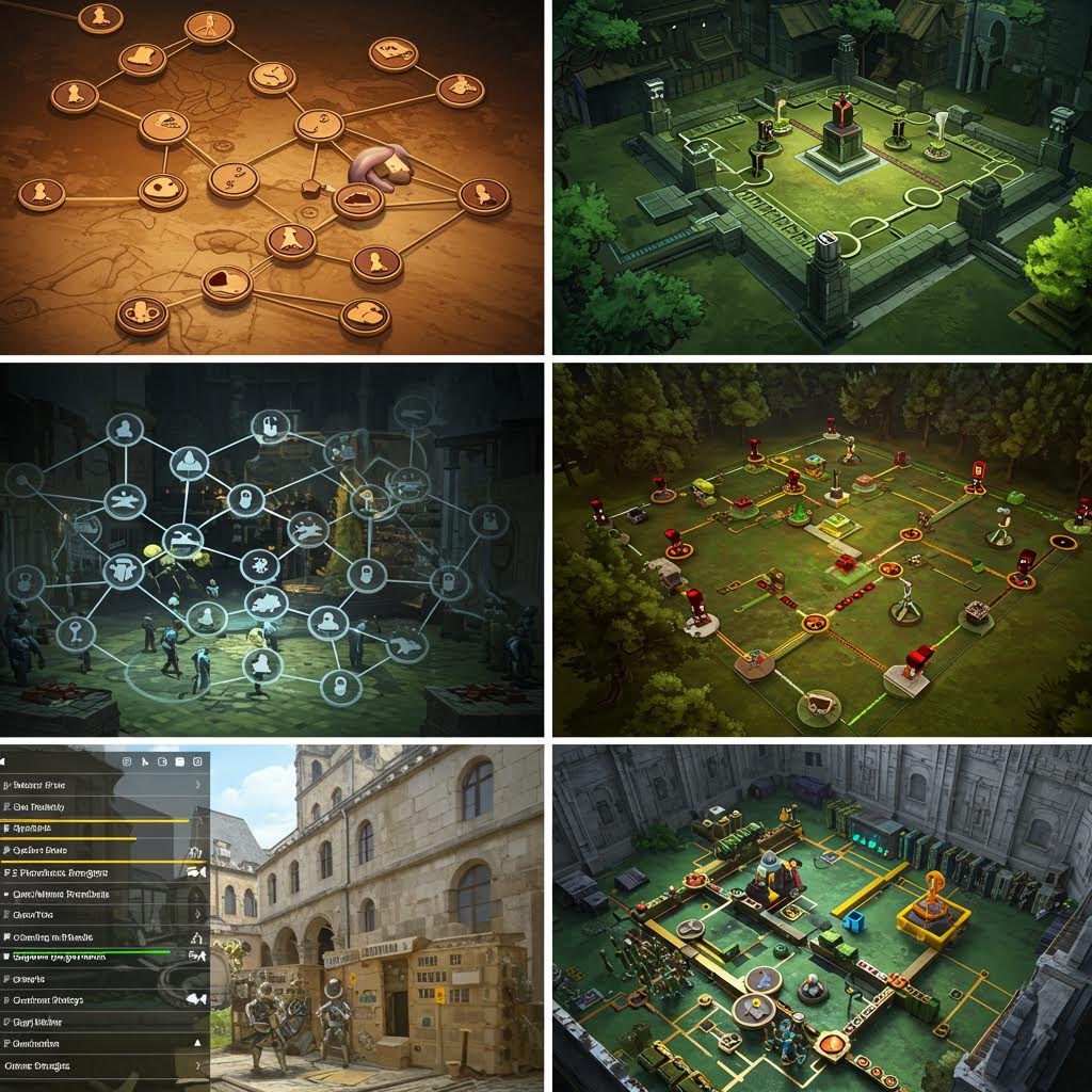 사진속 서로 다른 지형과 공간에 배치된 노드와 연결선이 전략적 경로와 상호 작용 구조를 시각적으로 펼쳐 보이는 맵 구성 이미지