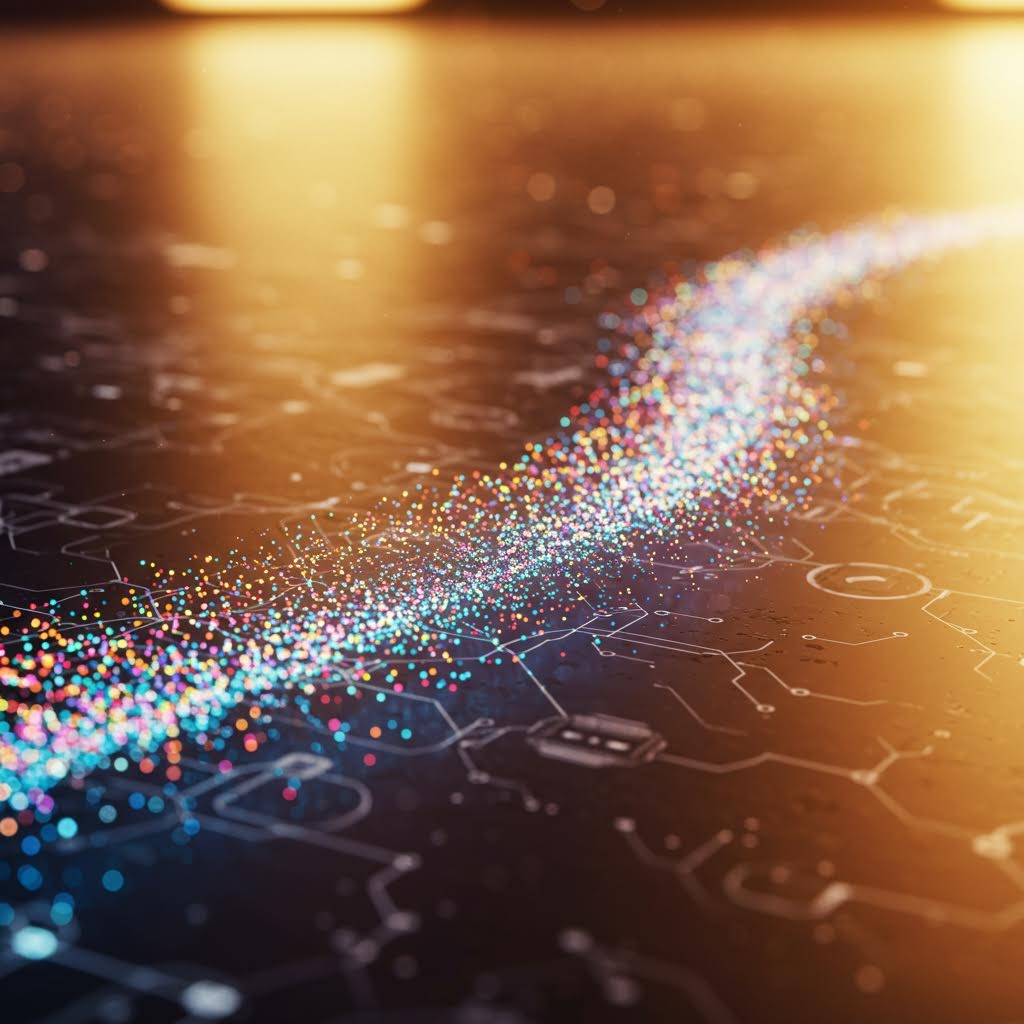 회로가 깔린 표면 위로 미세한 빛 입자들이 흐르는 선을 이루며 데이터 이동의 속도와 방향성이 시각적으로 드러나는 장면