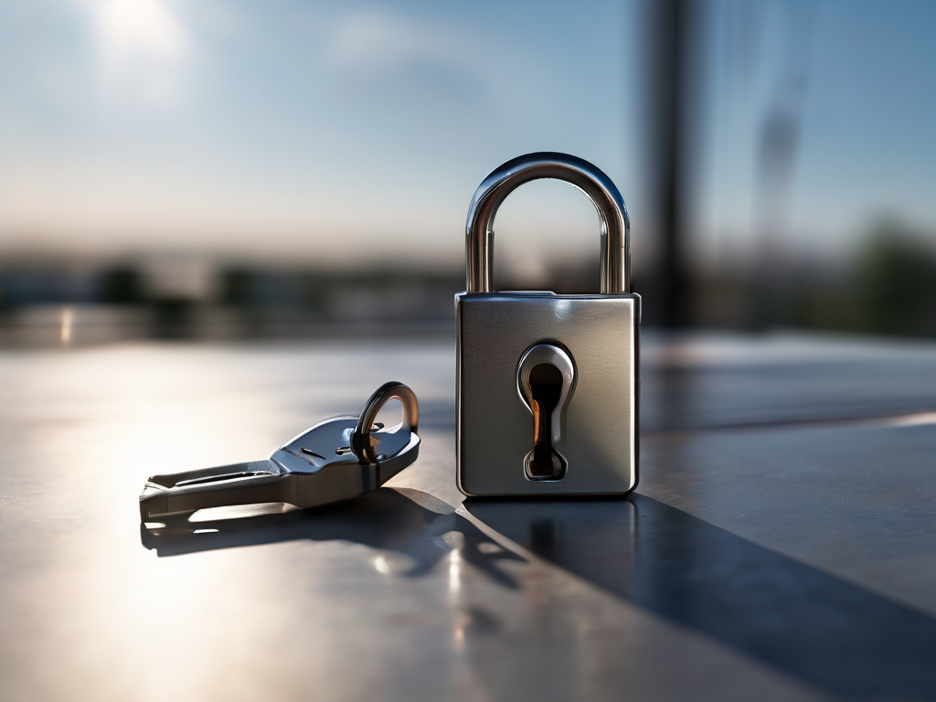 Small metal lock and blank security card on brushed metal surface in morning light.