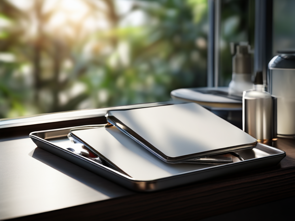 Blank divider cards in a compact storage tray on a brushed metal surface, angled morning light, organized saved references...