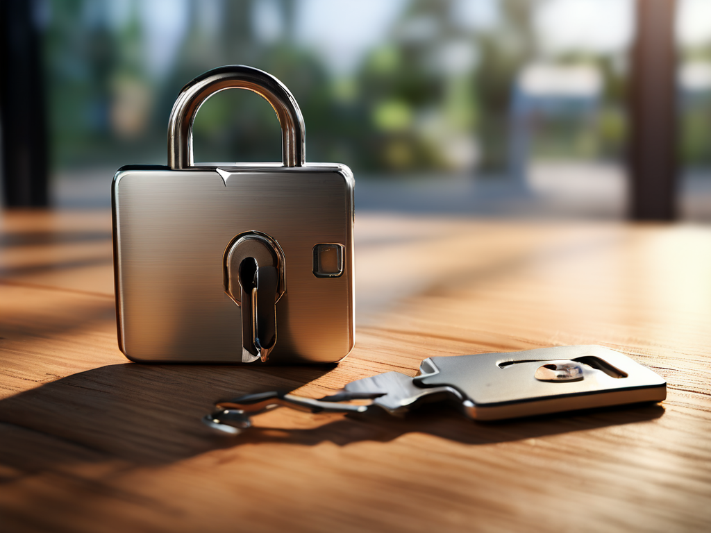 Lock, key case, and blank card on brushed metal surface for account access preparation.