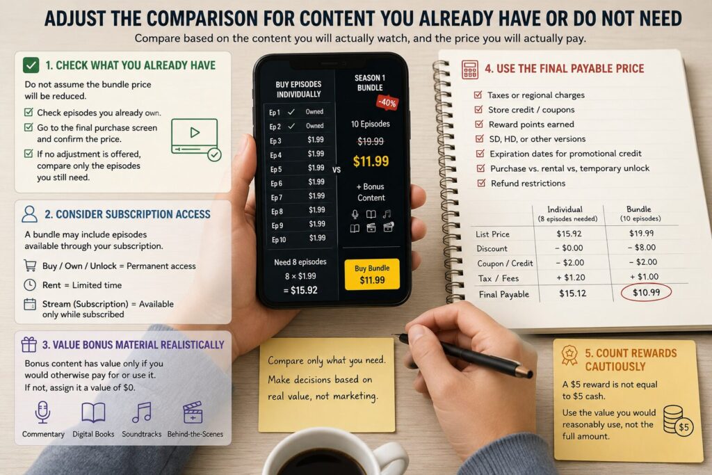 Person comparing a discounted content bundle with individual episode purchases while checking owned episodes, bonus content, and the final checkout price.