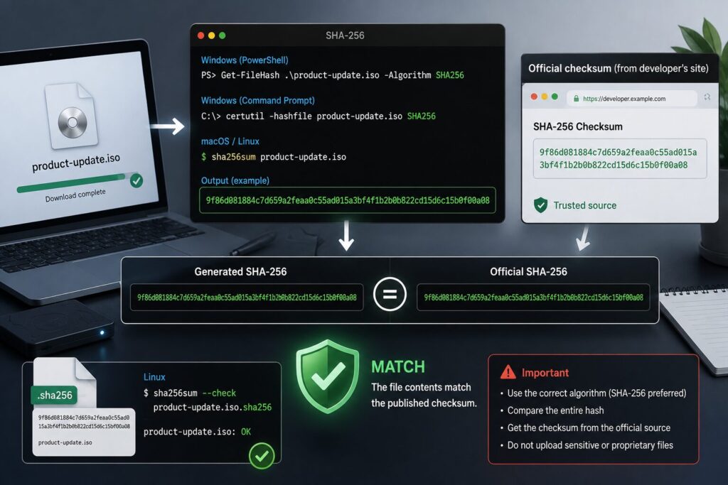 SHA-256 checksum verification concept showing a downloaded file being hashed and compared with an official checksum to confirm file integrity and authenticity.