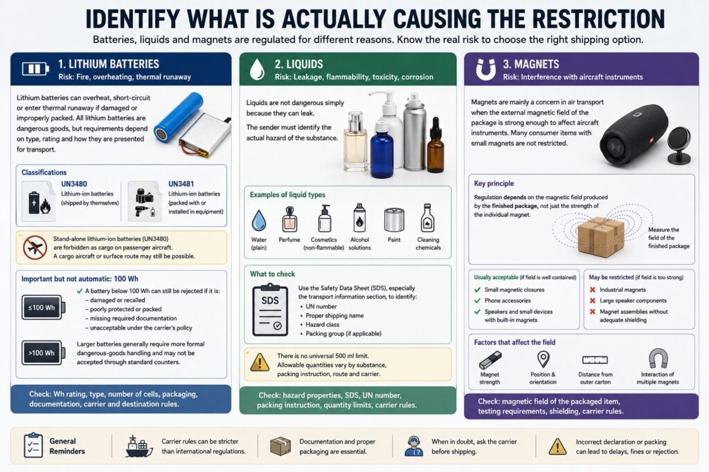 Infographic comparing shipping restrictions for lithium batteries, liquids, and magnets, showing the different safety risks, transport rules, and packaging requirements for each item.