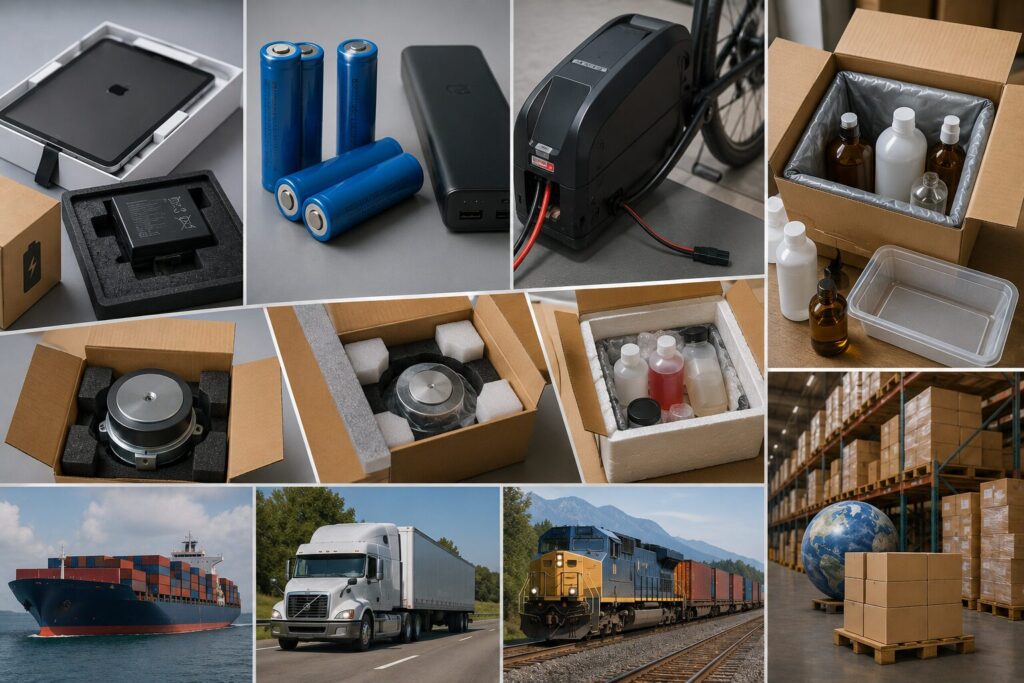 Various battery-powered devices, liquid products, magnets, and shipping methods illustrating alternative international shipping solutions for restricted goods.