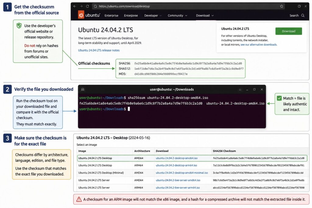 Illustration of verifying a downloaded file by comparing its SHA-256 checksum from the developer's official website with the locally generated checksum to confirm file integrity and authenticity.